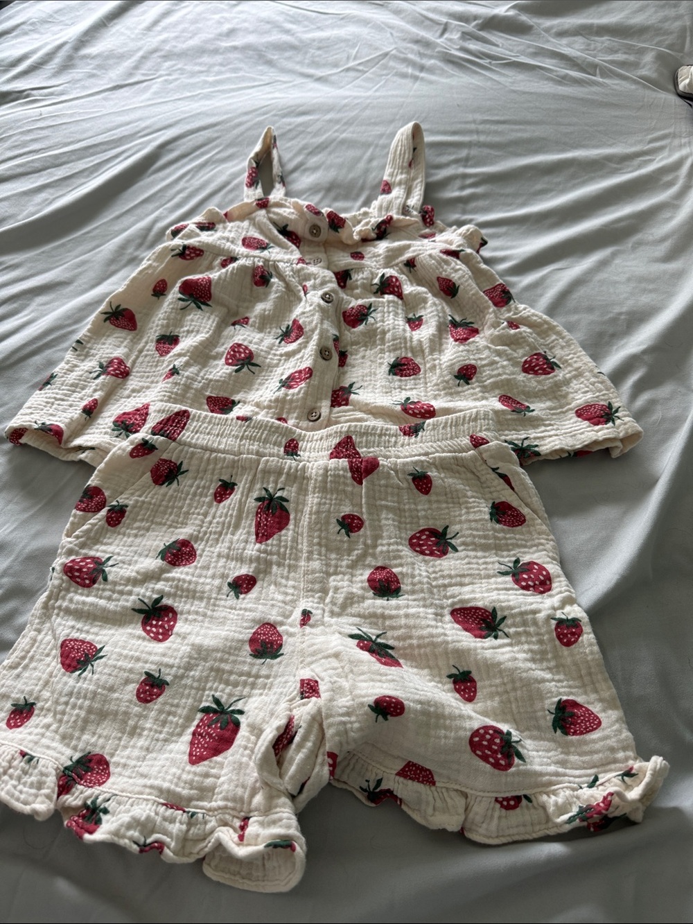 Girls White Strawberry Print Matching Set - Tank Top & Shorts